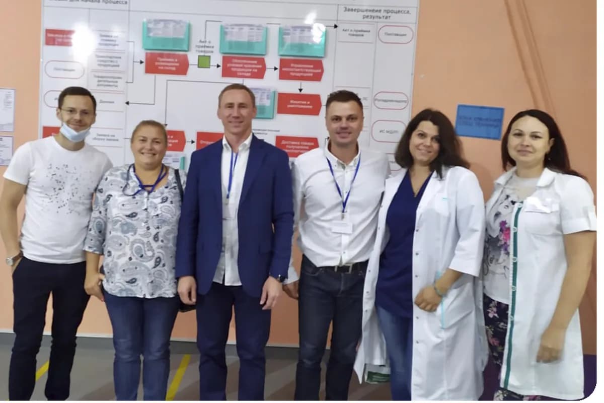 Команда заказчика у карты процессов склада
